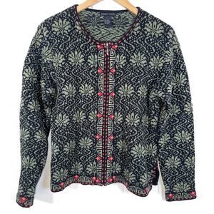 Nomadic Traders Cardigan Womens Medium Green Black Nordic Long Sleeve Zip Up